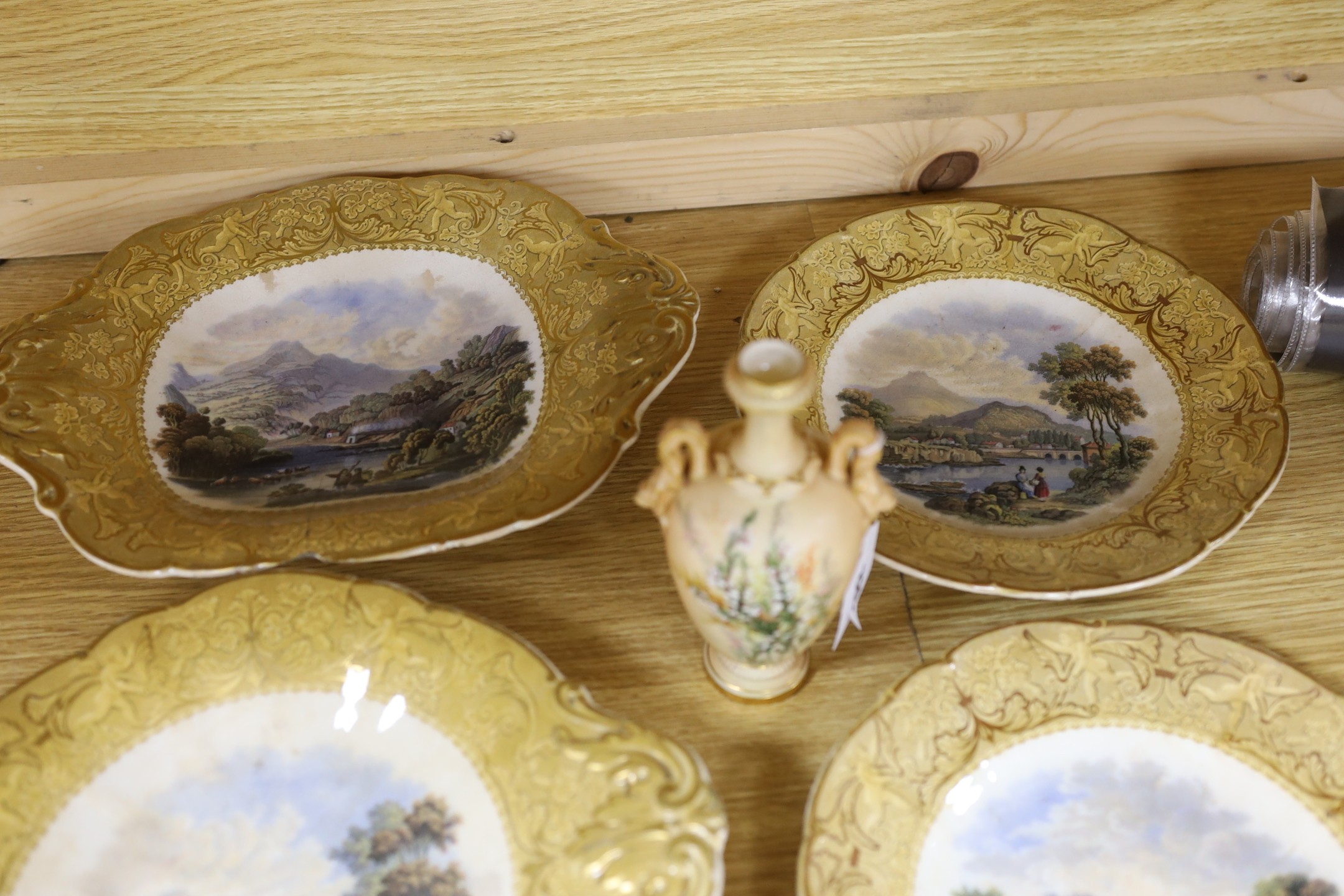 A Worcester blush ivory miniature vase, 16cm, and an F & R Pratt multicoloured four piece dessert set